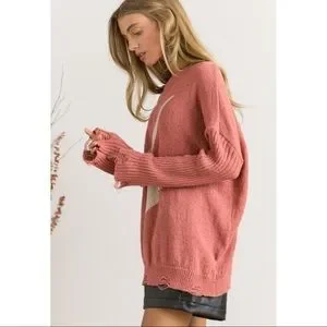 Pink Lightning Bolt Oversized Distressed Sweater